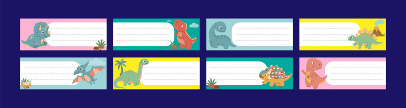 Vector collection of eight horizontal school name tags featuring cute cartoon dinosaurs, prehistoric landscapes, volcanoes, and palm trees on a dark blue backdrop. Vector illustration