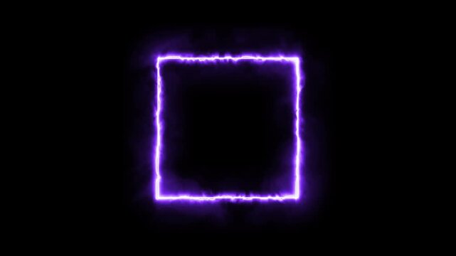 Abstract mauve neon rectangle frame animation with electric light distortion, intense purple geometric lightning border line isolated on black 4K