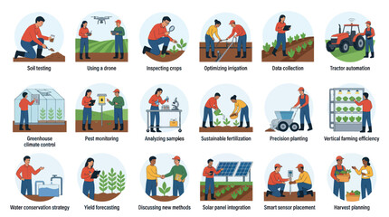 Naklejka premium Precision Agriculture and Smart Farming Flat Vector Icons Set. Modern Agri-tech Concepts.
