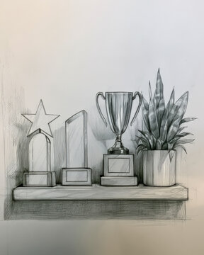 Corporate Achievement Awards and Trophy Display Office Sketch