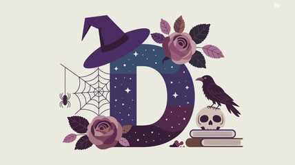 Obraz premium Dark letter D decorated with witch hat, raven, skull, spiderweb, and roses for spooky holiday