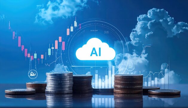 Artificial intelligence icon with cloud computing, financial trade graphs, and money coins for smart investment concept.
