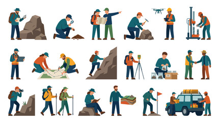 Fototapeta premium Geologist, Surveyor, Scientist Characters Flat Vector Icons Set