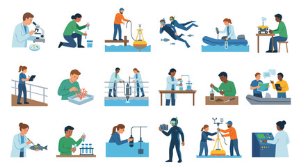 Fototapeta premium Marine Science and Oceanographic Research Flat Vector Illustrations. Scientists, Divers, and Environmentalists at Work.
