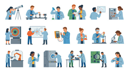 Fototapeta premium Scientists in Lab Coats Conducting Experiments: Flat Vector Stock Art