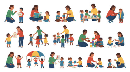 Fototapeta premium Diverse Teachers and Children in Preschool Activities, Flat Vector Style