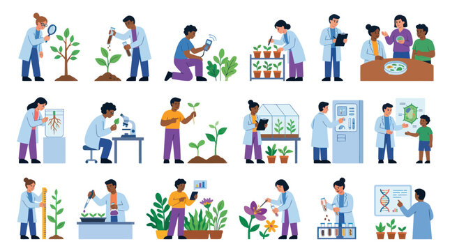 Flat Vector Set: Scientists Studying Plant Growth, Botany, and Agricultural Research