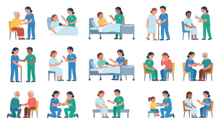 Fototapeta premium Flat Vector Illustration Set of Medical Professionals Caring for Patients