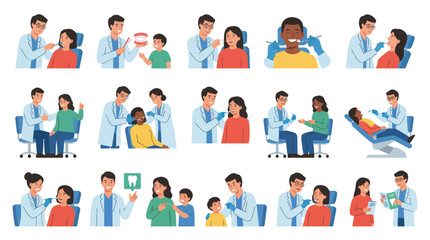 Fototapeta premium Dentistry and Oral Health Care Flat Vector Illustrations. Dentists Examining Patients, Dental Check-ups.