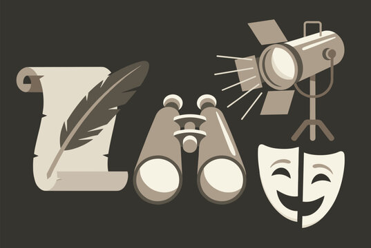 Collection of classic theater and film production icons including a spotlight, binoculars, script scroll, and drama masks.