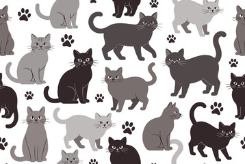 Fototapeta premium Seamless pattern featuring various cat silhouettes in shades of grey and black alongside scattered paw prints on a neutral white background.