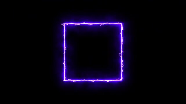 Abstract mauve neon rectangle frame animation with dynamic light surges, intense purple geometric lightning border line isolated on black 4K
