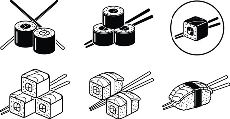 Minimalist Japanese sushi linear icon set featuring maki rolls nigiri and chopsticks symbols for restaurant menu app and UI UX interface graphic design projects © AdhinChandra