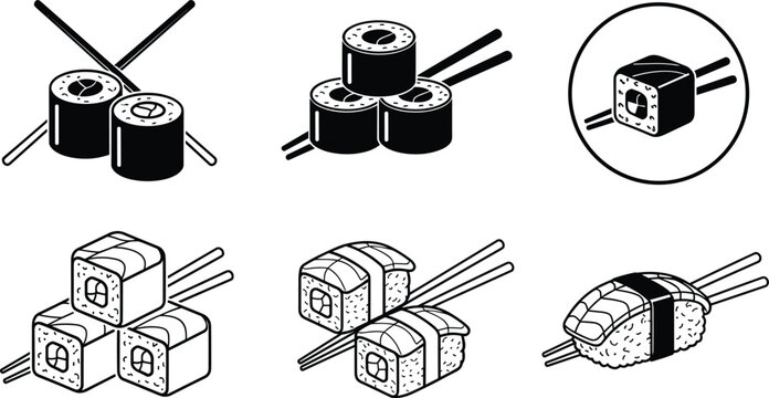 Minimalist Japanese sushi linear icon set featuring maki rolls nigiri and chopsticks symbols for restaurant menu app and UI UX interface graphic design projects