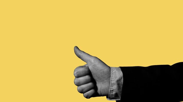 Halftone hand showing thumbs up gesture, bobbing up and down on yellow background. Retro pop art style, seamless loop for approval and positive content.