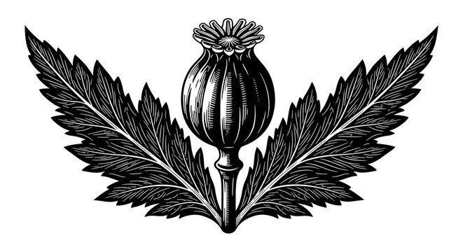 Poppy Seed Pod and Leaves Vintage Woodcut Illustration