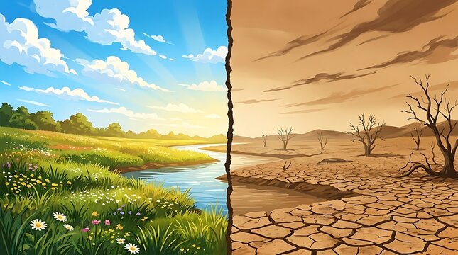A split screen showing a lush green field with a river versus a dry arid desert land.