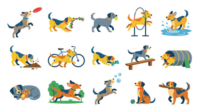 Flat design vector illustration of playful dogs engaged in various pet activities, training, and leisure