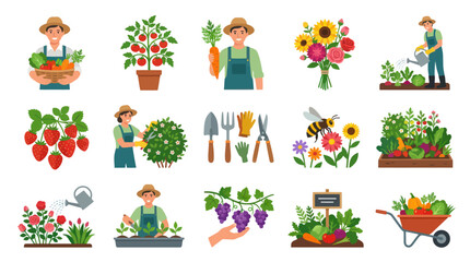 Fototapeta premium Gardening and Farming Flat Vector Illustrations Set: Gardeners, Vegetables, Fruits, Flowers Tools