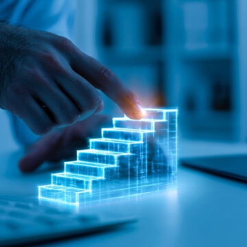 Hand Touching Glowing Digital Stairs for Business Growth