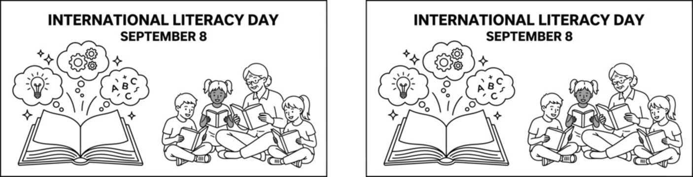 International literacy day illustration with children reading books september 8th
