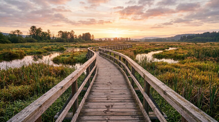 Obraz premium Peaceful wooden boardwalk jogging path running over natural wetlands at beautiful misty morning scenic dawn