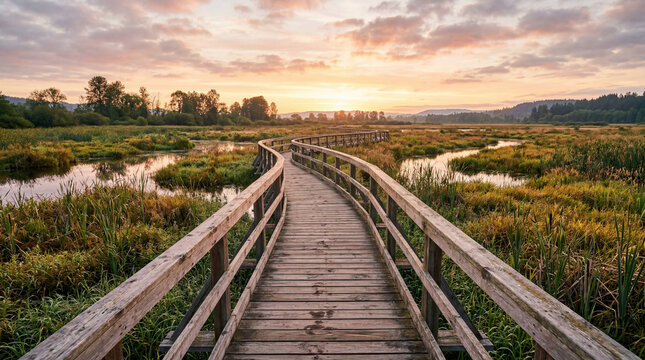 Peaceful wooden boardwalk jogging path running over natural wetlands at beautiful misty morning scenic dawn