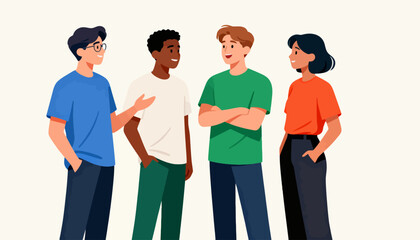 Obraz premium Four diverse individuals stand together, chatting amiably