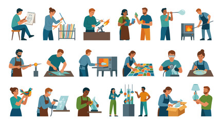 Fototapeta premium Craftspeople working with glass, pottery, and art, flat vector illustration