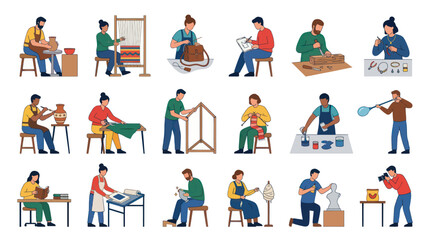 Fototapeta premium Flat Style Vector Art of People Engaged in Various Handicrafts and Artistic Creations