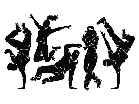 Energetic black silhouette vector illustration of dynamic young street hiphop dancers performing breakdance actions on a white background.