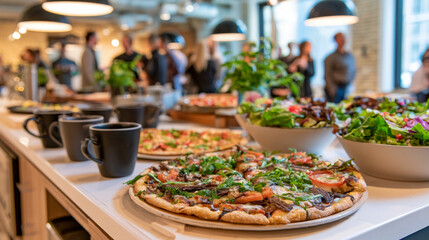 Obraz premium Office Pizza Buffet With Salad for Corporate Lunch Catering