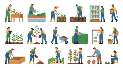 Fototapeta premium Gardening and Agriculture Flat Vector Illustration Collection. People Planting, Cultivating, and Harvesting Plants.