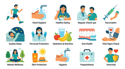 Fototapeta premium Flat Vector Health and Wellness Icons Collection for Medical Care and Healthy Lifestyle Concepts
