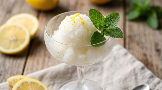 Delicious lobster bisque with cream swirl garnished with mint on a rustic wooden table with lemons and napkin