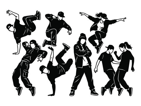 Dynamic black and white graphic vector illustration of a professional street hiphop crew breakdancing in artistic athletic poses.