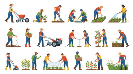 Fototapeta premium Flat Style Farmers Planting, Harvesting Gardening Vector Illustrations
