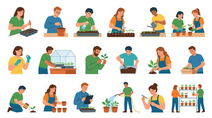 Fototapeta premium Flat Style Illustration of Diverse People Gardening, Planting, and Caring for Plants