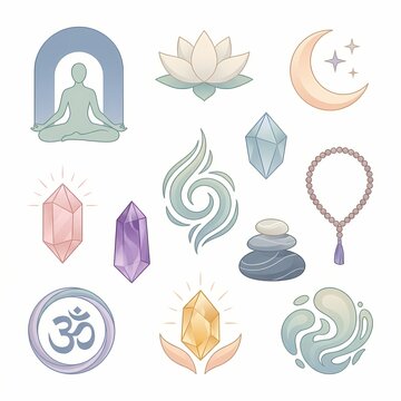 Spiritual wellness  wellness  illustration set featuring crystals Spirituality action and lotus Environment and  from a serene Environment viewpoint.