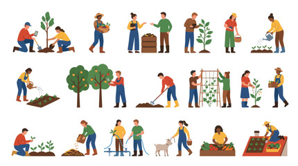 Fototapeta premium Flat Illustration of Diverse Farmers Working Together in a Garden, Gardening, Agriculture