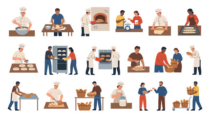 Fototapeta premium Flat Vector Illustration of Bakers Making and Selling Bread at a Bakery