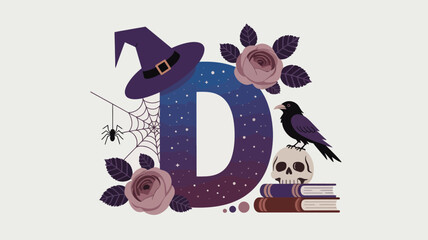 Obraz premium Decorative letter D with witch hat crow skull and Halloween elements