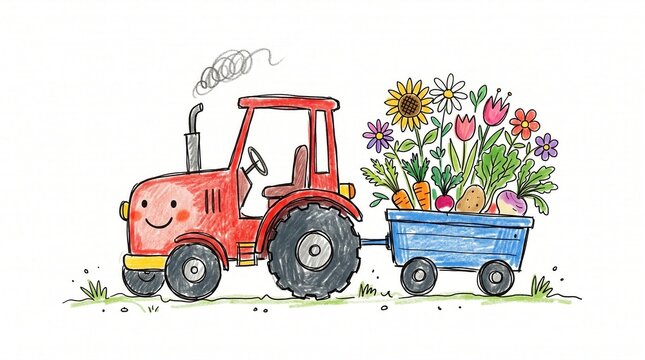 Smiling red tractor pulls a blue cart carrying a joyful harvest of flowers and vegetables