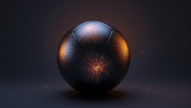 Black Soccer Ball with Firework Pattern on Dark Background