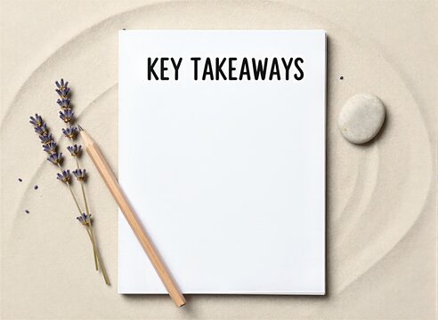 Flat Lay Composition On To Sand With Soft Shadows Suggesting Ambient Lighting Main Subject Piece Of White Paper Bold Capitalized Text Key Takeaways