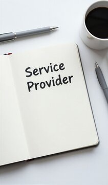 White Open Notebook On Left Side With Black Printed Text Reads Service Provider Font Bold Suggesting Emphasis Importance Of Term To Right Lies