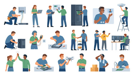Fototapeta premium Technology IT support and computer network professionals working and fixing equipment