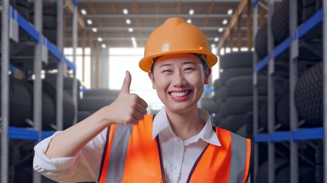 Close Up Of Asian Female Engineer With Safety Helmet Smiling And Showing Thumbs Up Gesture To The Camera While Standing at Tire Warehouse Interior with Industrial Shelving Racks