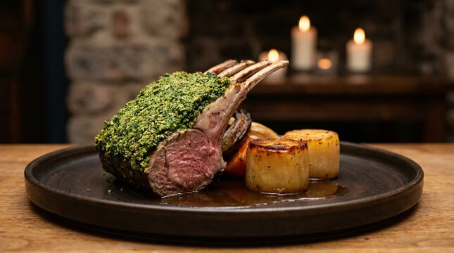 Grilled lamb rump with mint jus served on a plate indoors at a restaurant.