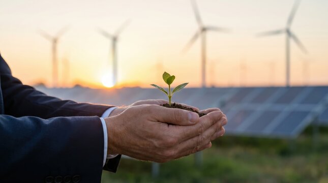 Corporate Sustainability Concept: Businessman Holding Growing Green Sprout with Solar Panels and Wind Turbines in Blurred Background under Golden Hour Lighting